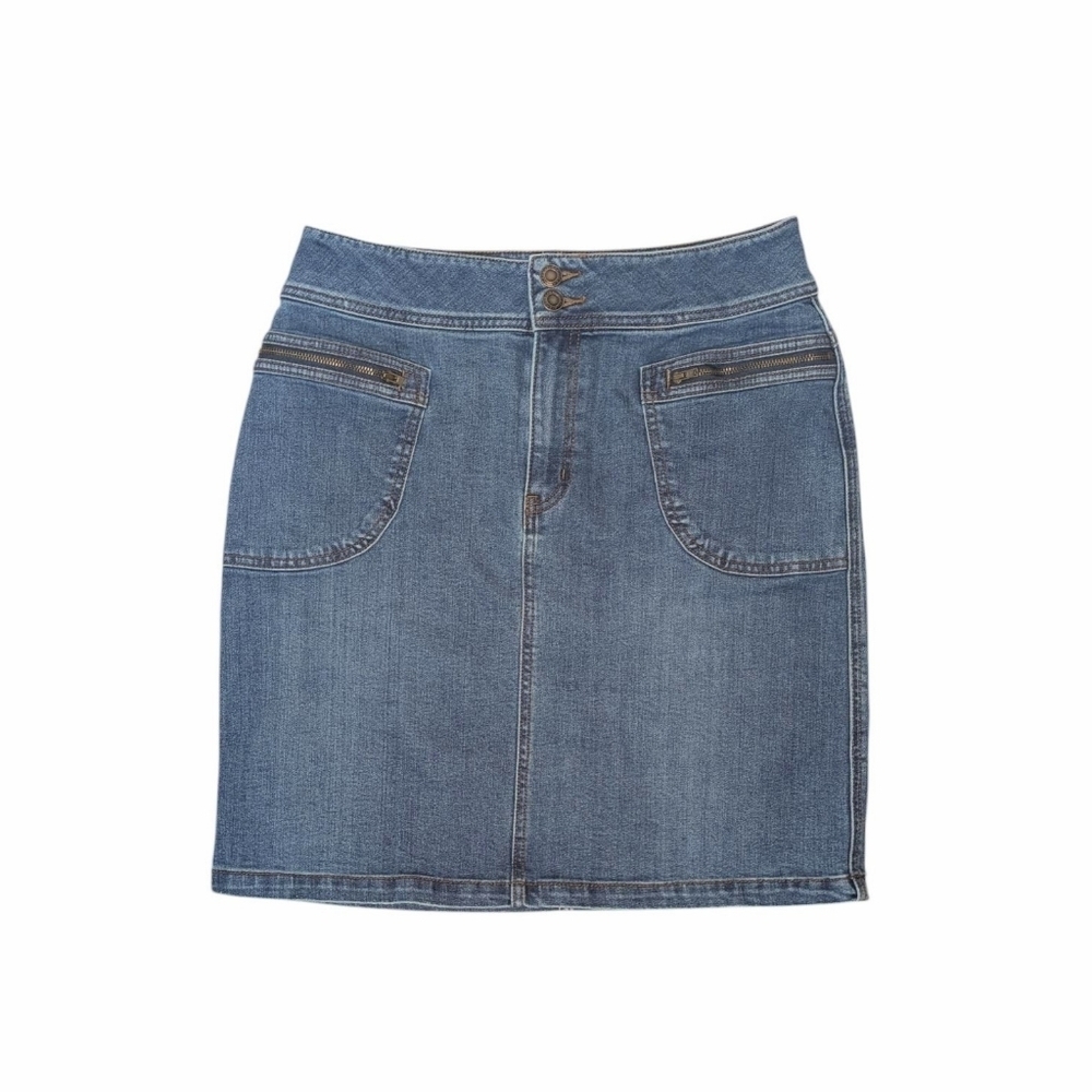Prana Denim Skirt Mini Length Front Zip Pockets Size 10